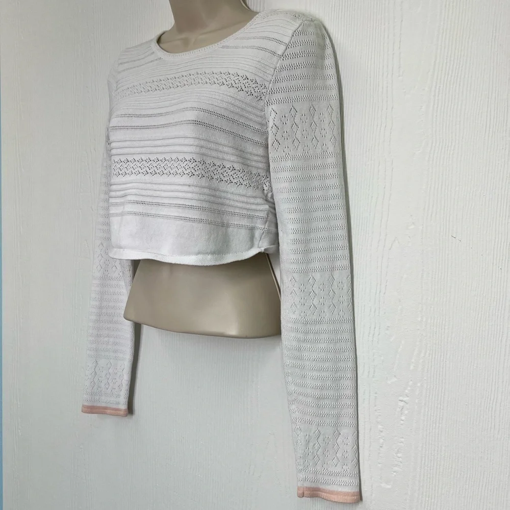 Free People - White Open Fun Design Long Sleeve Trimmed Pink Crop Top Medium